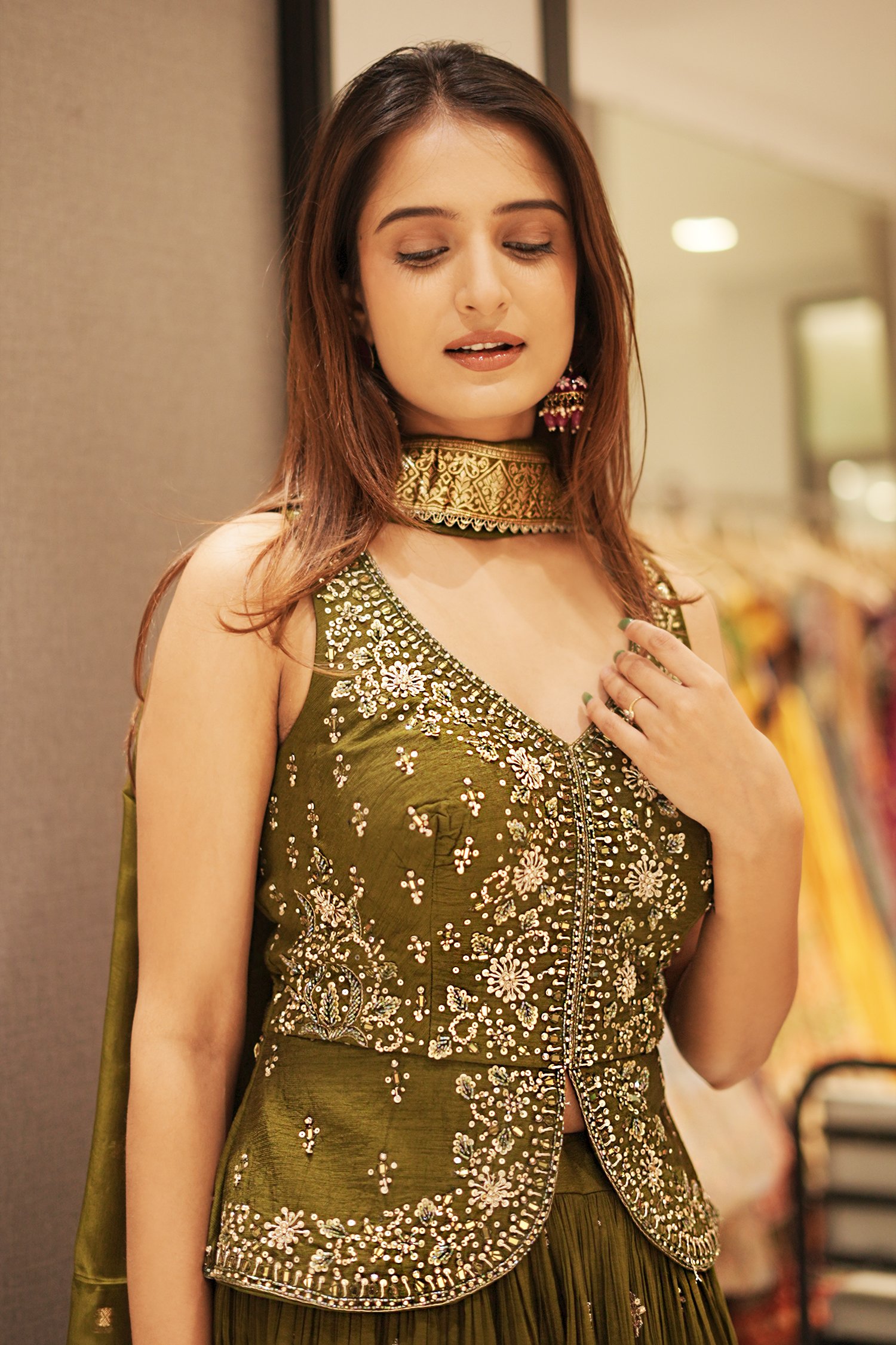 pccel2015b mehendi green chiffon georgette pleated lehenga with embroidery and sequins work