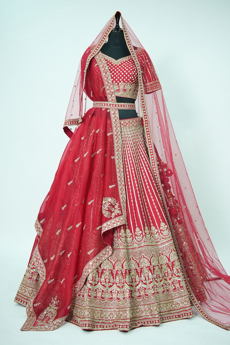 Red Raw Silk Designer Heavy Bridal Lehenga