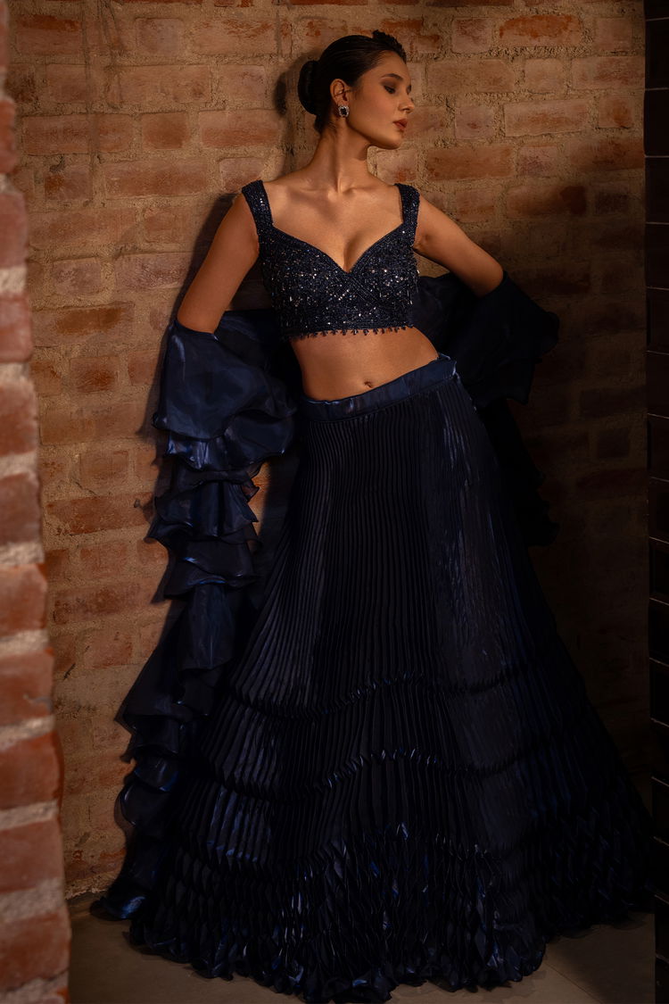 Blue Satin Organza Heat Pleated Lehenga