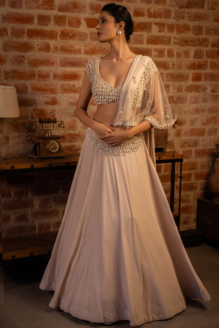 Rose Pink Designer Crystal Drops and Pearl Work Lehenga