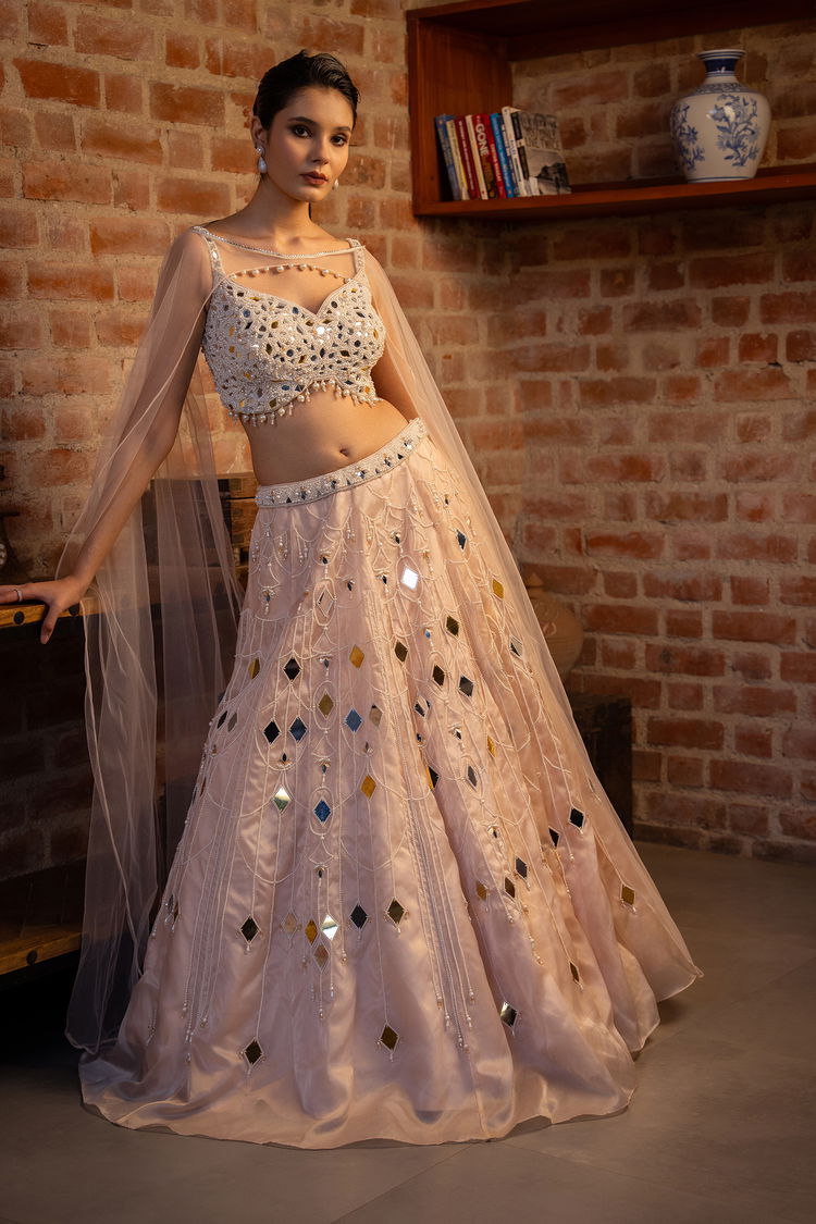 Light Pink Organza Designer Applique and Beaded Work Lehenga
