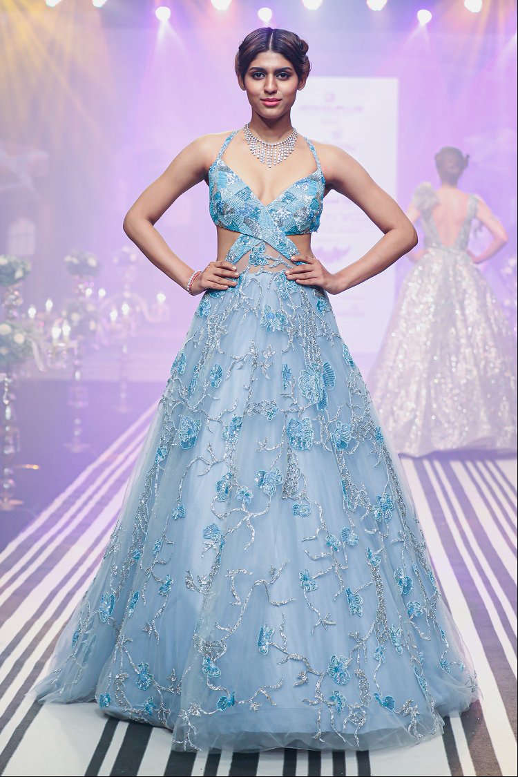 Light Blue Net Designer Flared Gown