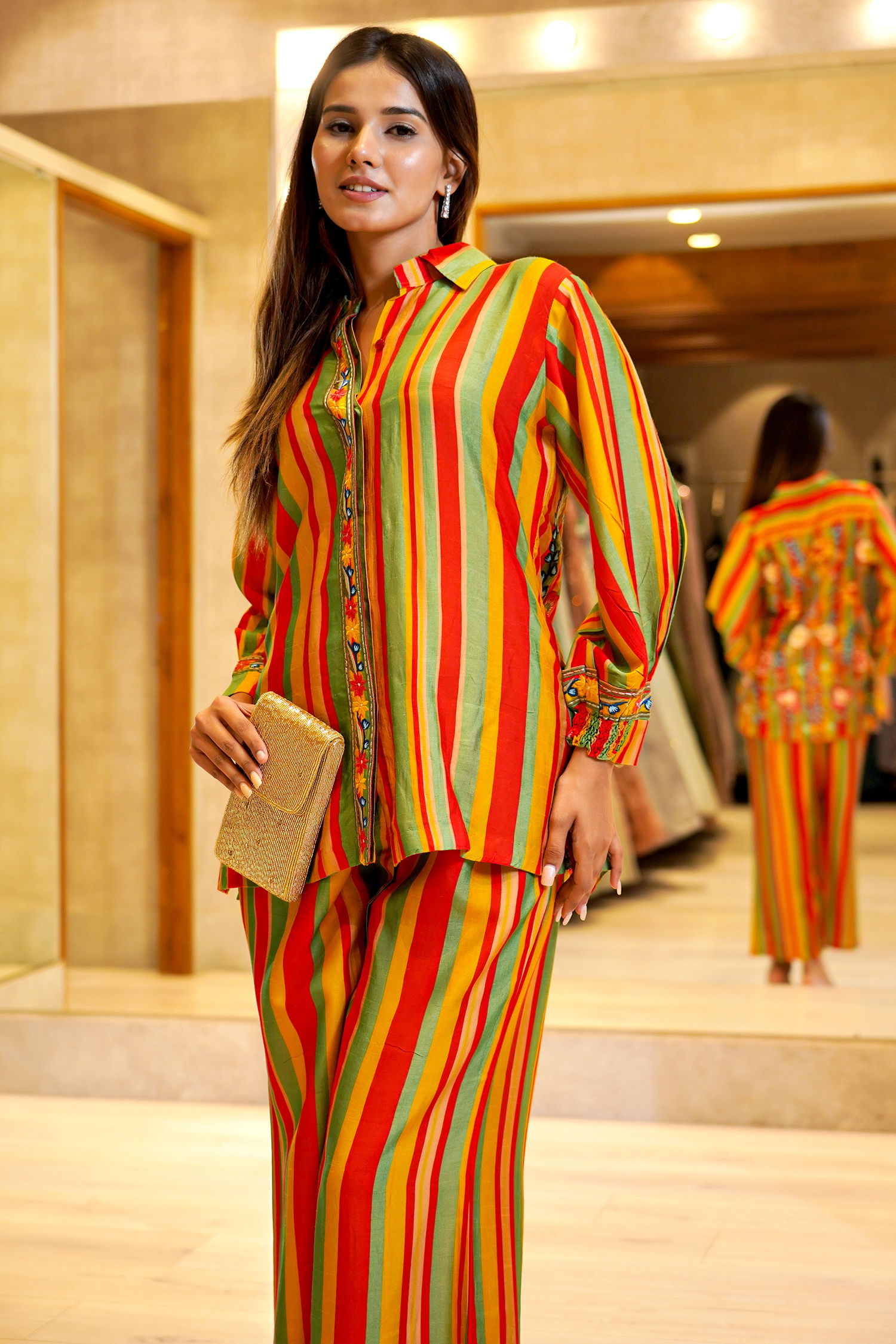 Multi Colored Stripes Printed Shirt Style Co Ord Palazzo Set in Rayon