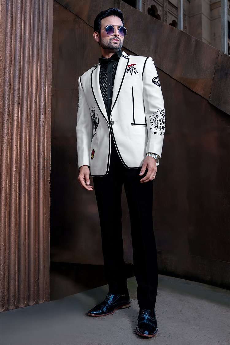 Pearl White and Black Imported Tuxedo Suit