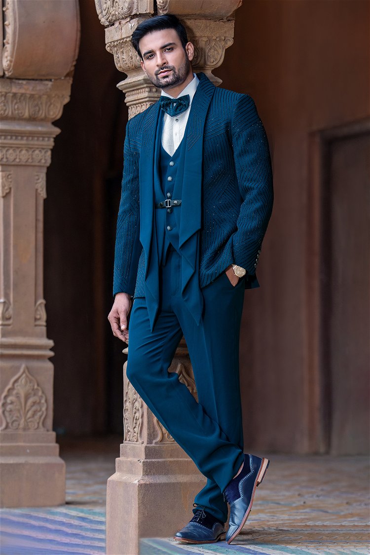 Teal Blue and White Imported Tuxedo Suit with Cutdana Work