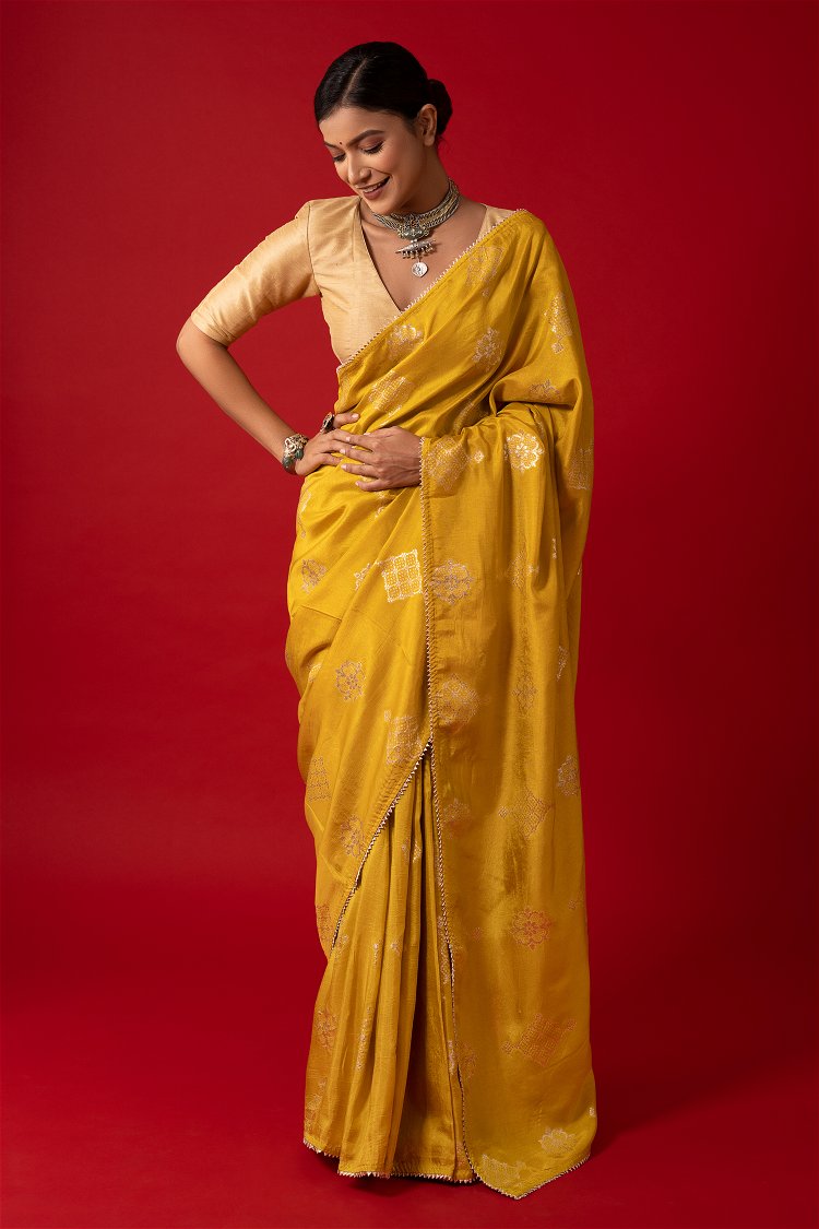 Mustard Kora Silk Woven Saree