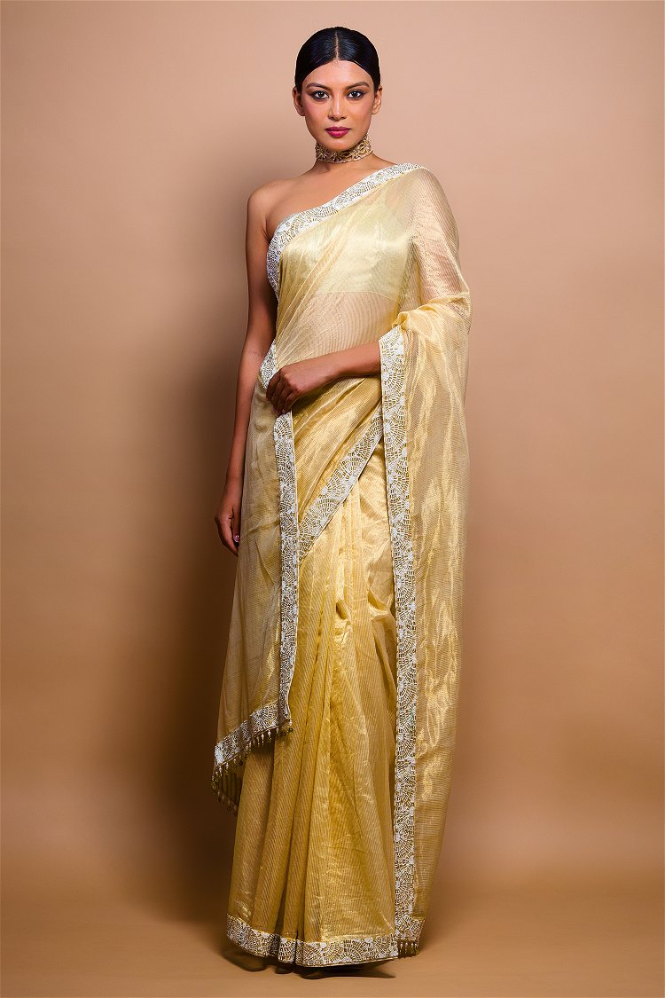 Golden Woven Stripes Saree in Tissue with Cutdana and Beads Embellished Border