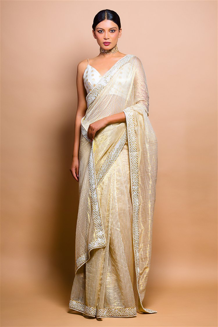 Cream and Golden Stripes Saree in Tissue with Embellished Border