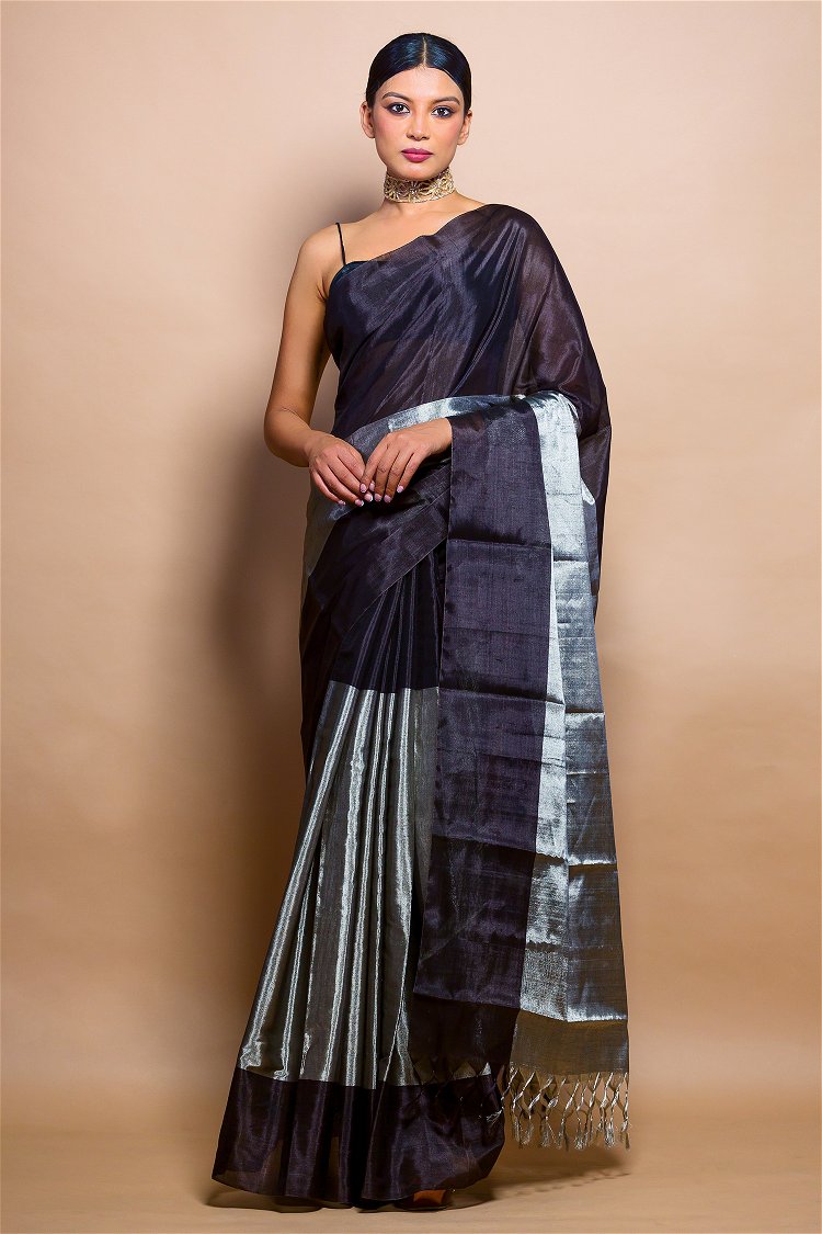 Grey and Blue Cotton Traditional Saree with Tassles