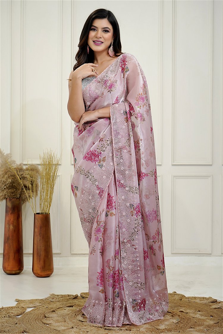 Dusty Pink Diamond and Pearl Work Saree in Satin Organza with Floral Motifs