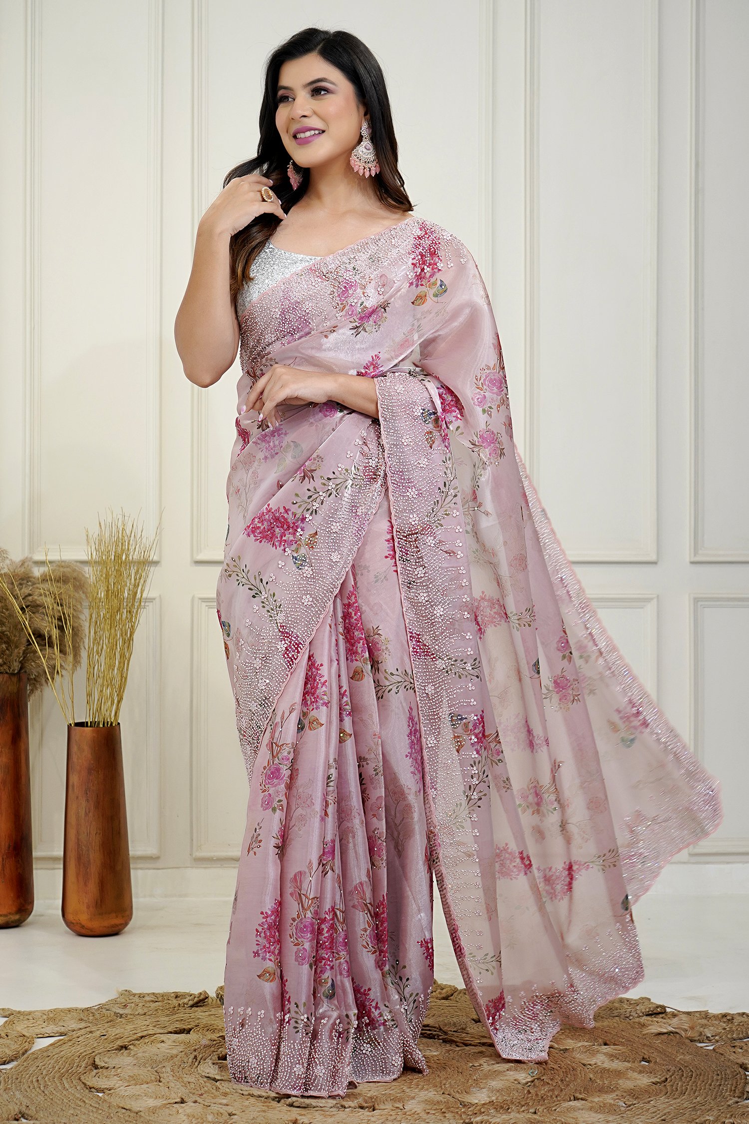 Heavy Lilac Butterfly Net Thread Work Saree With Blouse