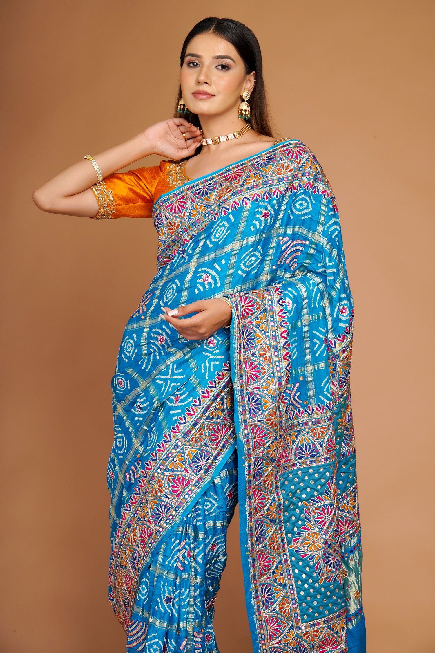 Bandhej Bandhani Sarees On Soft Silk With fashion Zari Weaving & Beautiful Pallu With Running Blouse gotta pati work blue color saree