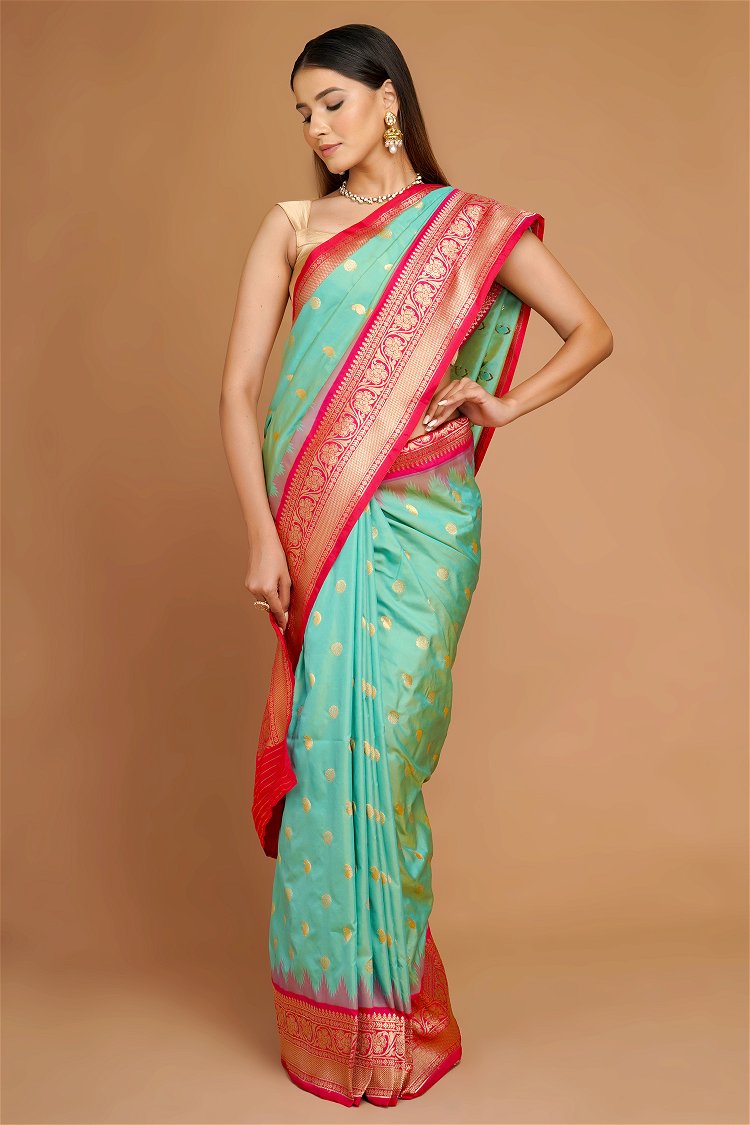 Sea Green Traditional Woven Saree in Silk with Patola Pallu and Floral Motifs Border