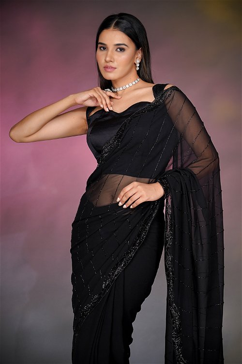 Buy Yashvi Designer Women's Net Jaal Saree with Blouse Piece (Black) at