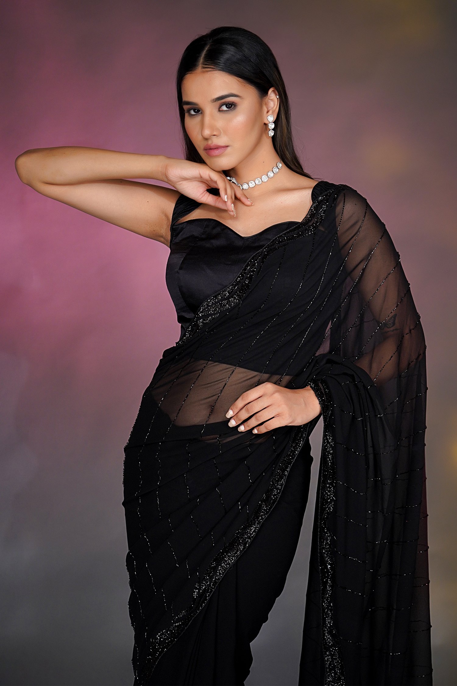 Pure Black Chiffon Banarasi Saree with Silver Zari Work - Truth Fab