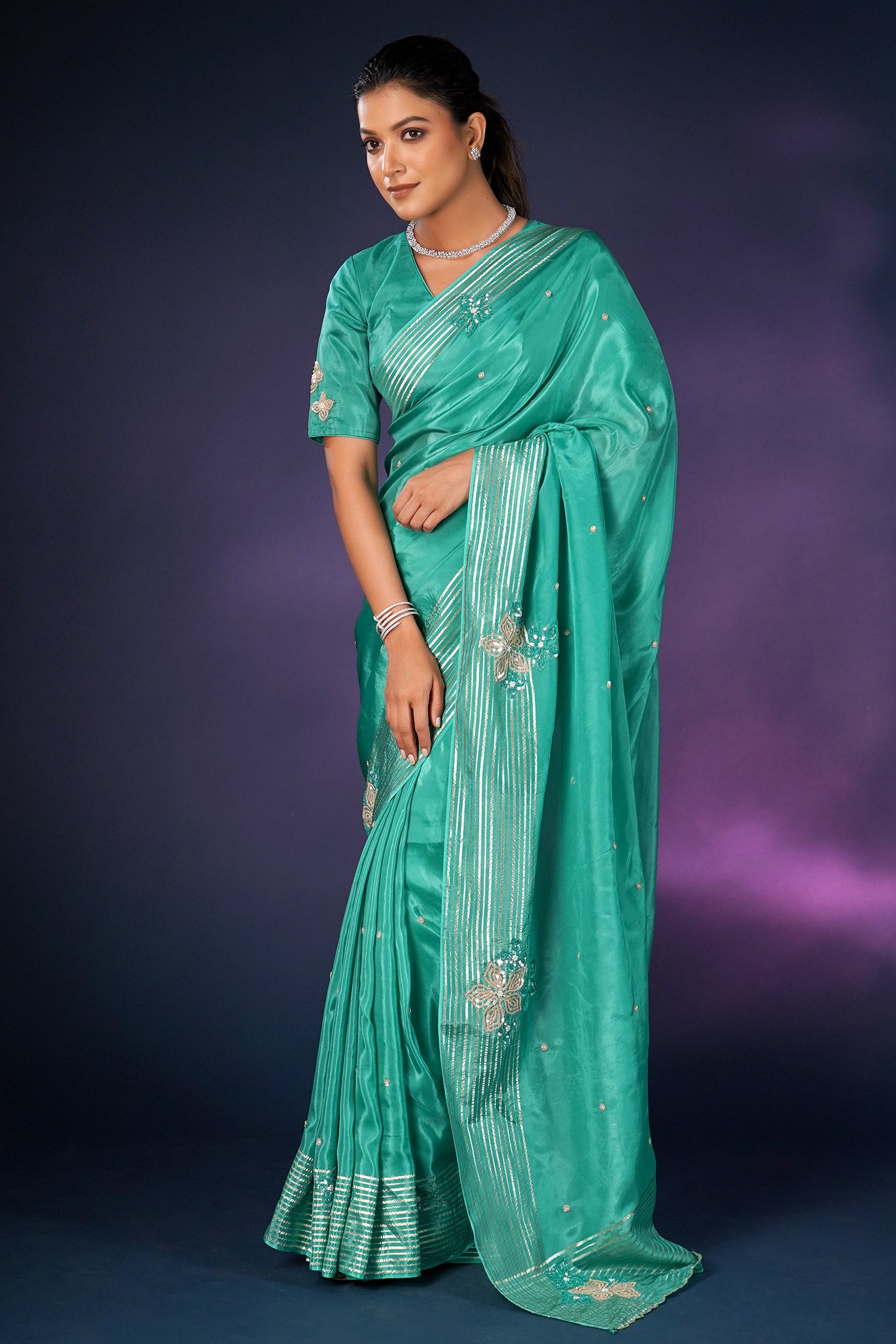 psafa1029b sea green tissue silk saree with sequin border