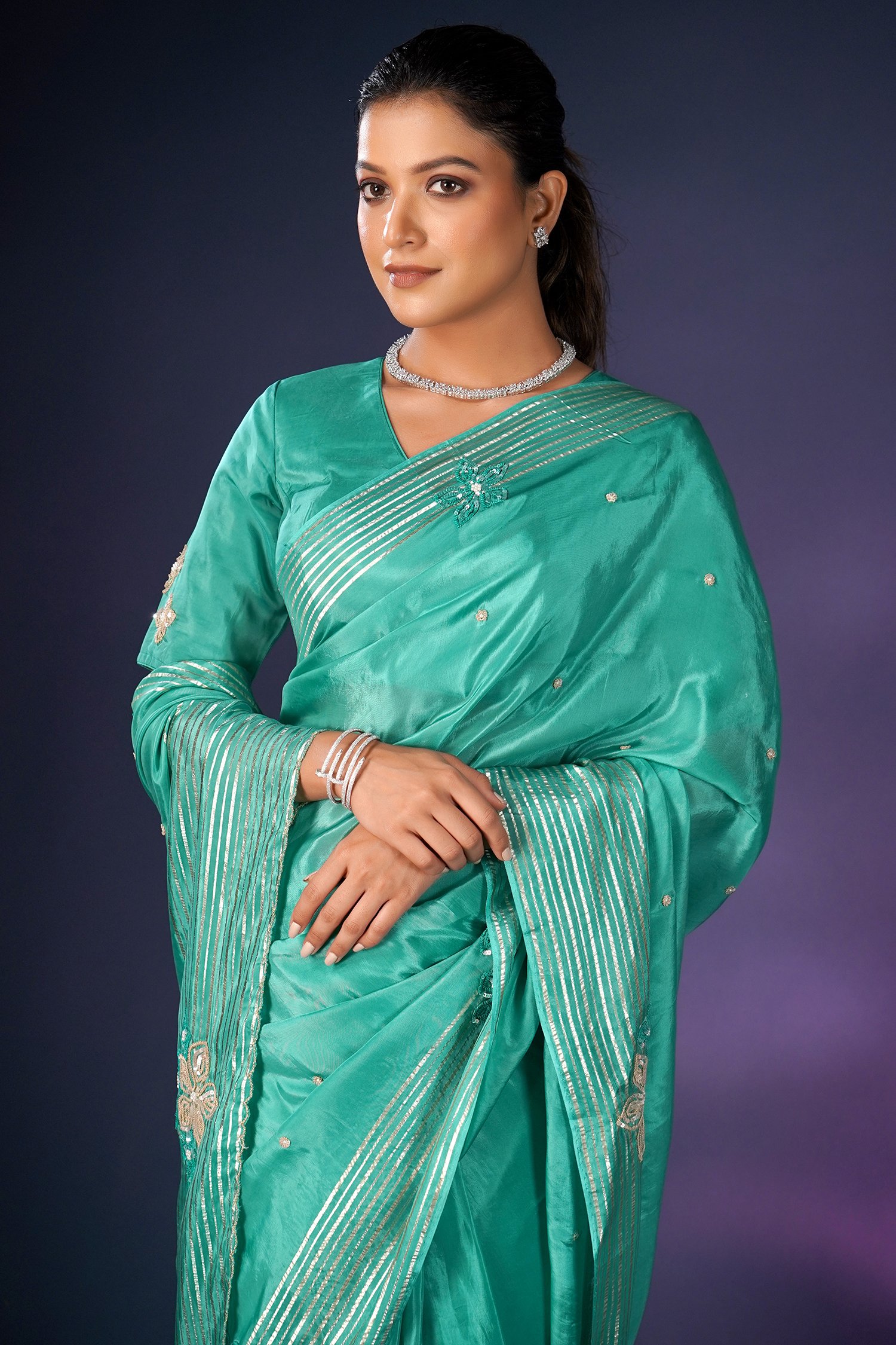 Mint Green Lichi Silk Saree with Heavy Blouse