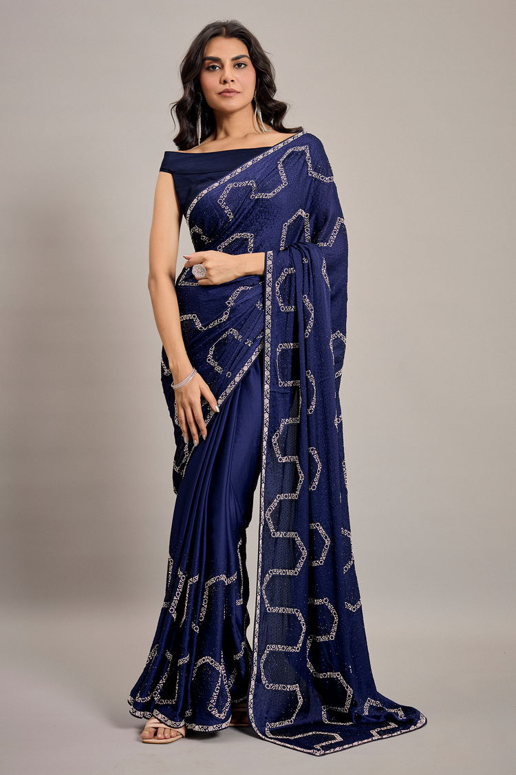 Navy Blue Crepe Satin Silk Diamond and Swarovski Embellishment Saree