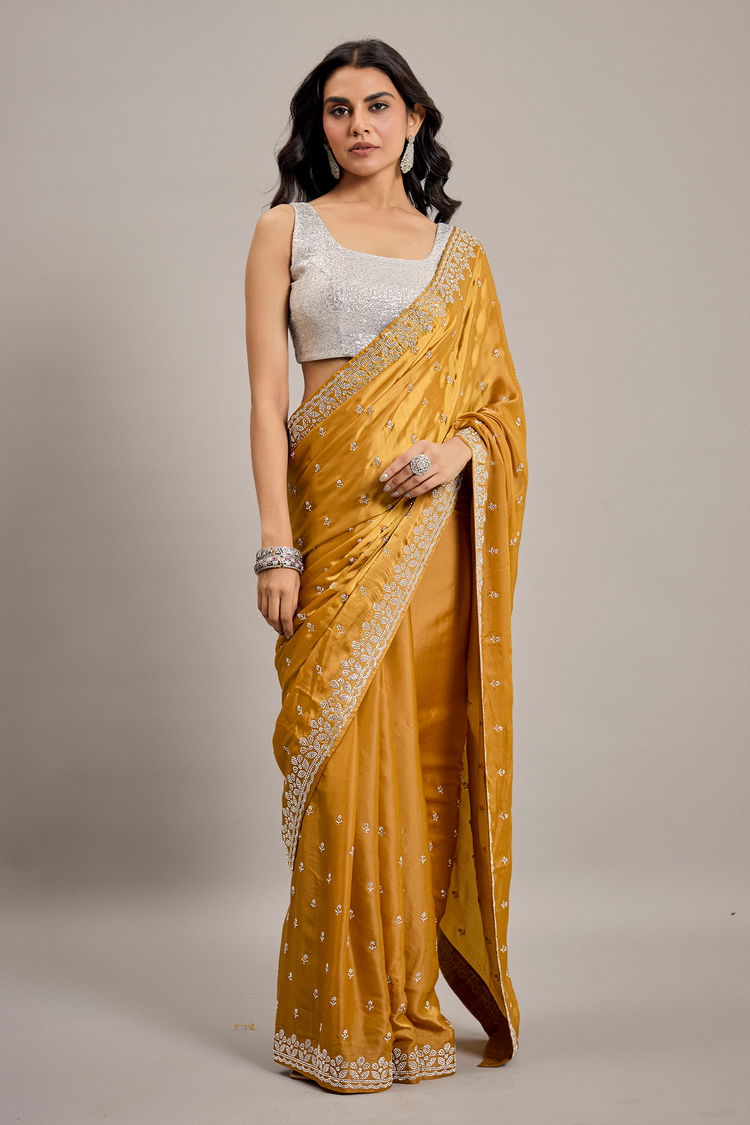 Mustard Satin Crepe Silk Saree with Diamond and Swarovski Embellishment