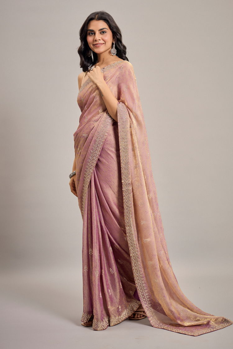 Heather Purple Shimmer Chiffon Tissue Printed Saree with Swarovski Embellishment