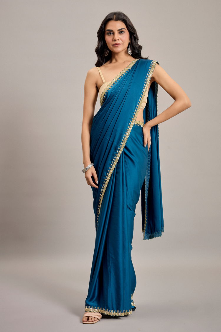Rama Blue Satin Crepe Silk Saree with Cutdana Embellished Border
