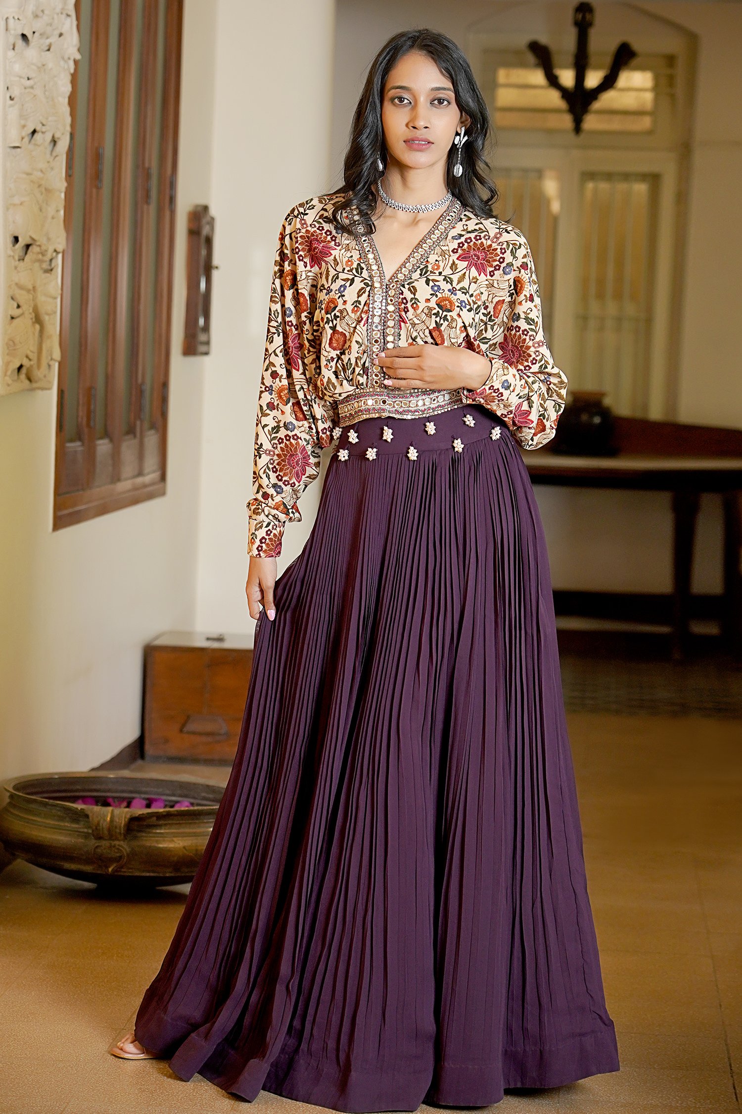Cream Velvet Crop Top Lehenga with Bird and Floral Motifs