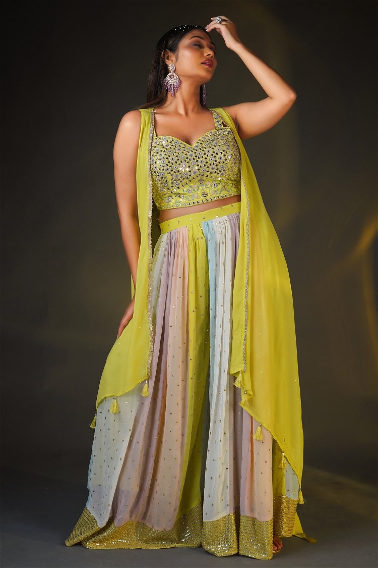 Lime Green Mirror Embroidery Crop Top and Sequinned Palazzo Set in Raw Silk with Jacket