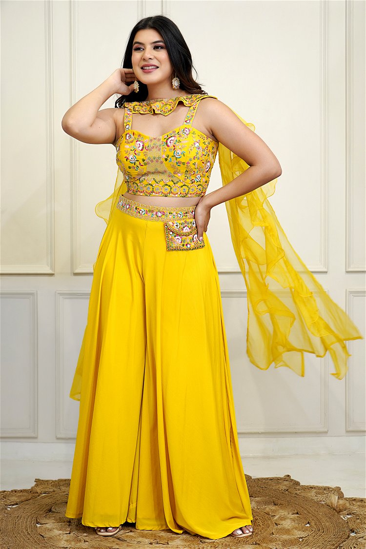 Yellow Embroidery Mirror Crop Top Palazzo Suit in Raw Silk with Choker Dupatta and Side Pocket