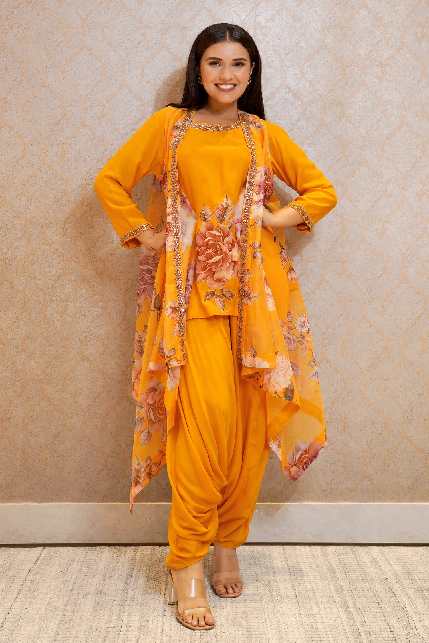 Buy Women Yellow Embroidered Jacket Set With Blouse And Dhoti Pants -  Clothing - Indya
