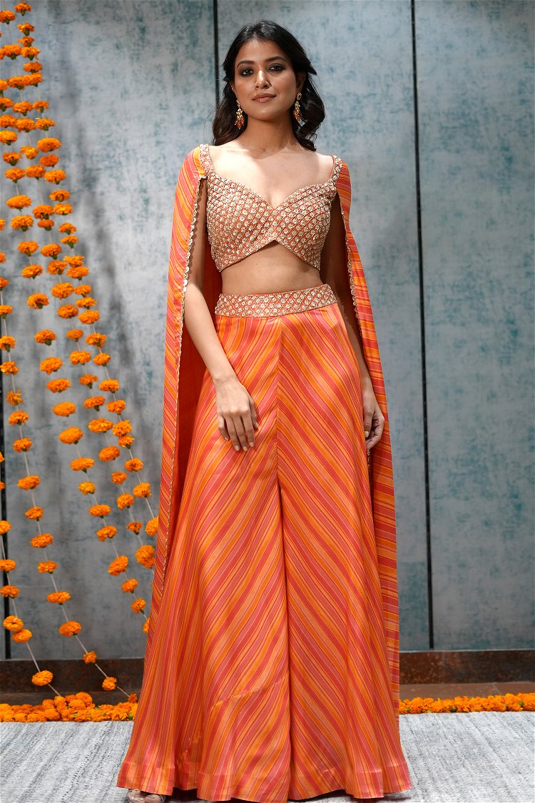 Orange Sequins Work Crop Top and Palazzo Set in Satin with Cape Sleeves