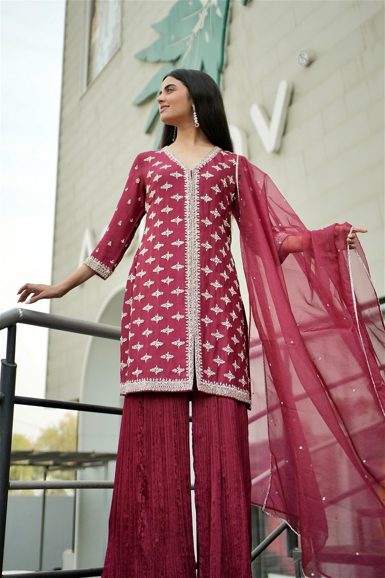 Magenta Pink Silk Sequinned Cutdana Worked Sharara Suit