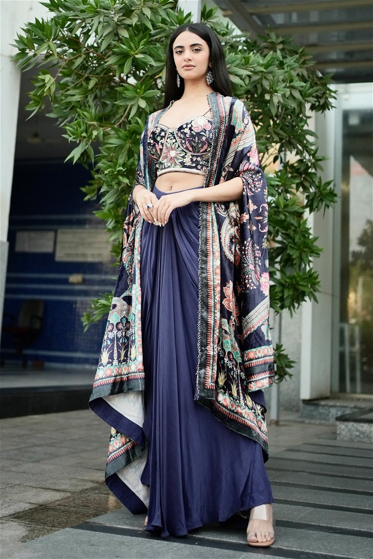 Blue Velvet Printed and Handworked Crop Top with Dhoti Skirt and Cowl Shrug