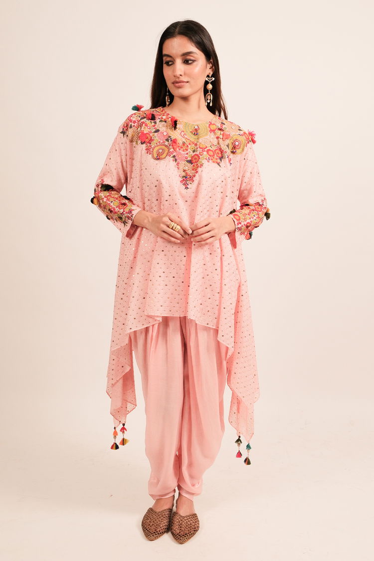 Light Pink Silk Intricate Embroidery and Sequin Worked Top and Dhoti Set