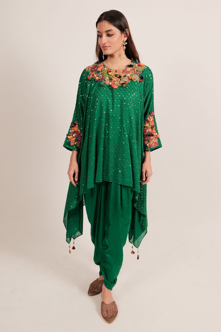 Green Silk Intricate Embroidery and Sequin Worked Top and Dhoti Set