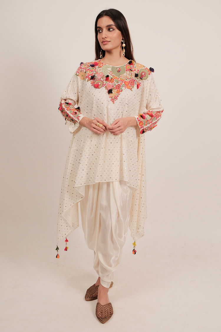 Off White Silk Intricate Embroidery and Sequin Worked Top and Dhoti Set