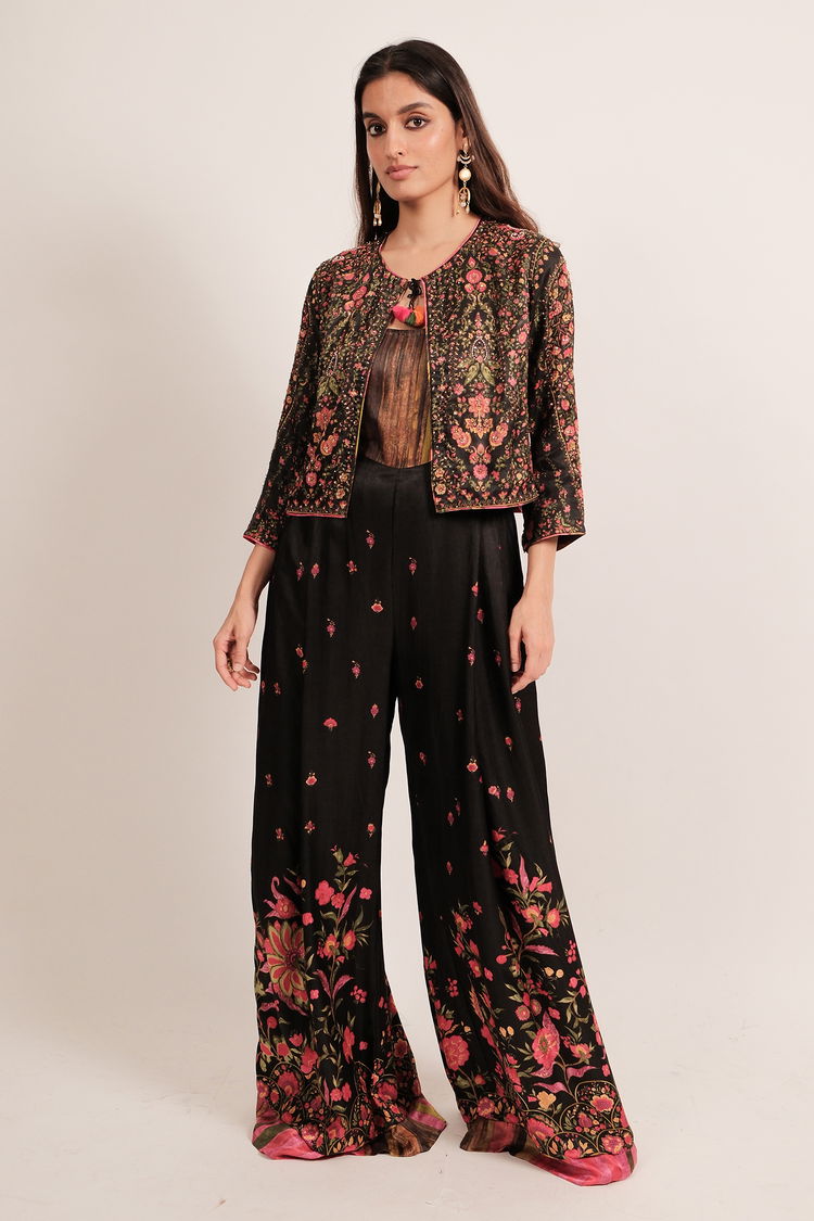 Black Silk Floral Printed Jumpsuit with Short Jacket