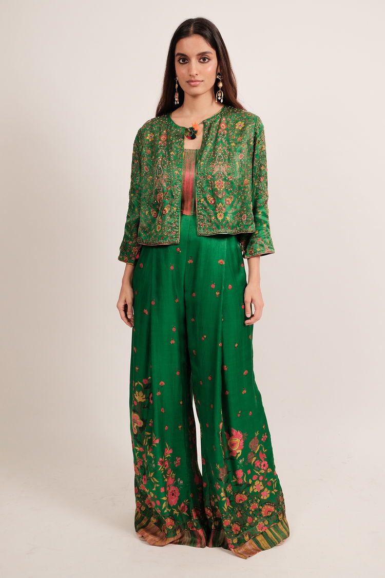 Green Silk Floral Printed Jumpsuit with Short Jacket