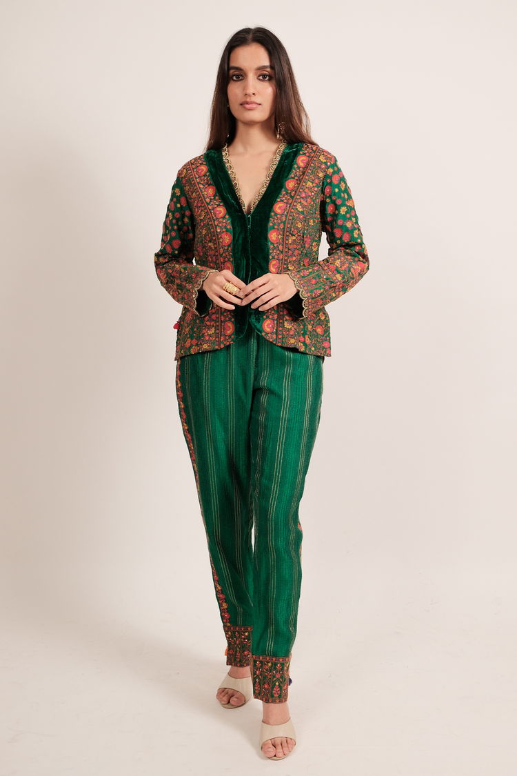 Green Velvet Raw Silk Co-Ord Set with Embroidery