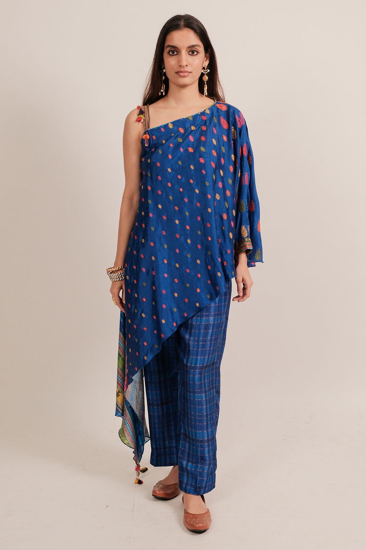 Blue Silk Printed One Shoulder Asymmetrical Top with Pant