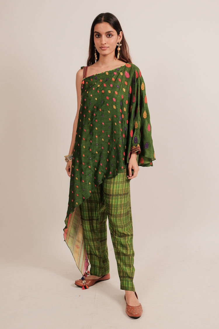 Green Silk Printed One Shoulder Asymmetrical Top with Pant