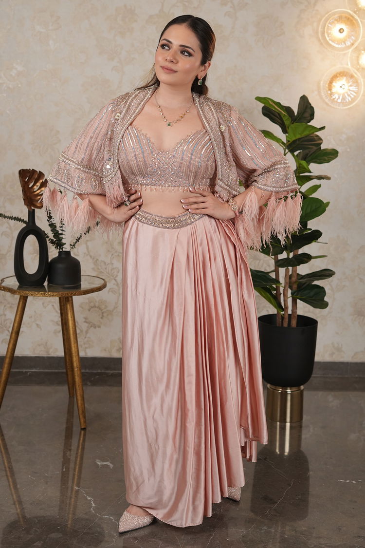 Light Pink Net Handworked Sequin Cutdana Crop Top with Pleated Drape Skirt and Fringe Tassel Cape Jacket