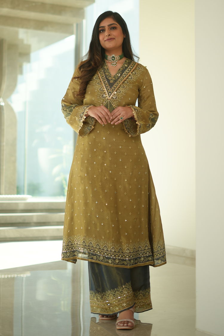 Olive Green Tissue Shimmer Printed Palazzo Suit with Applique Work