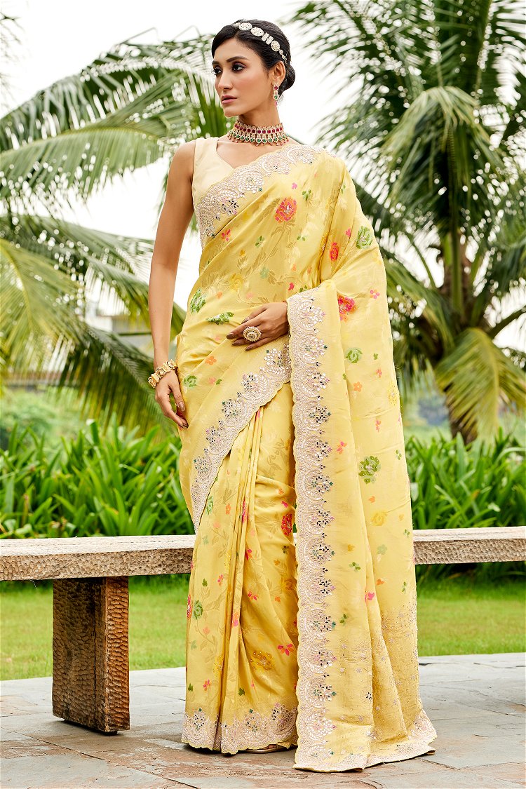 Yellow Floral Woven Saree in Tissue Georgette with Gota Patti and Mirror Work Border