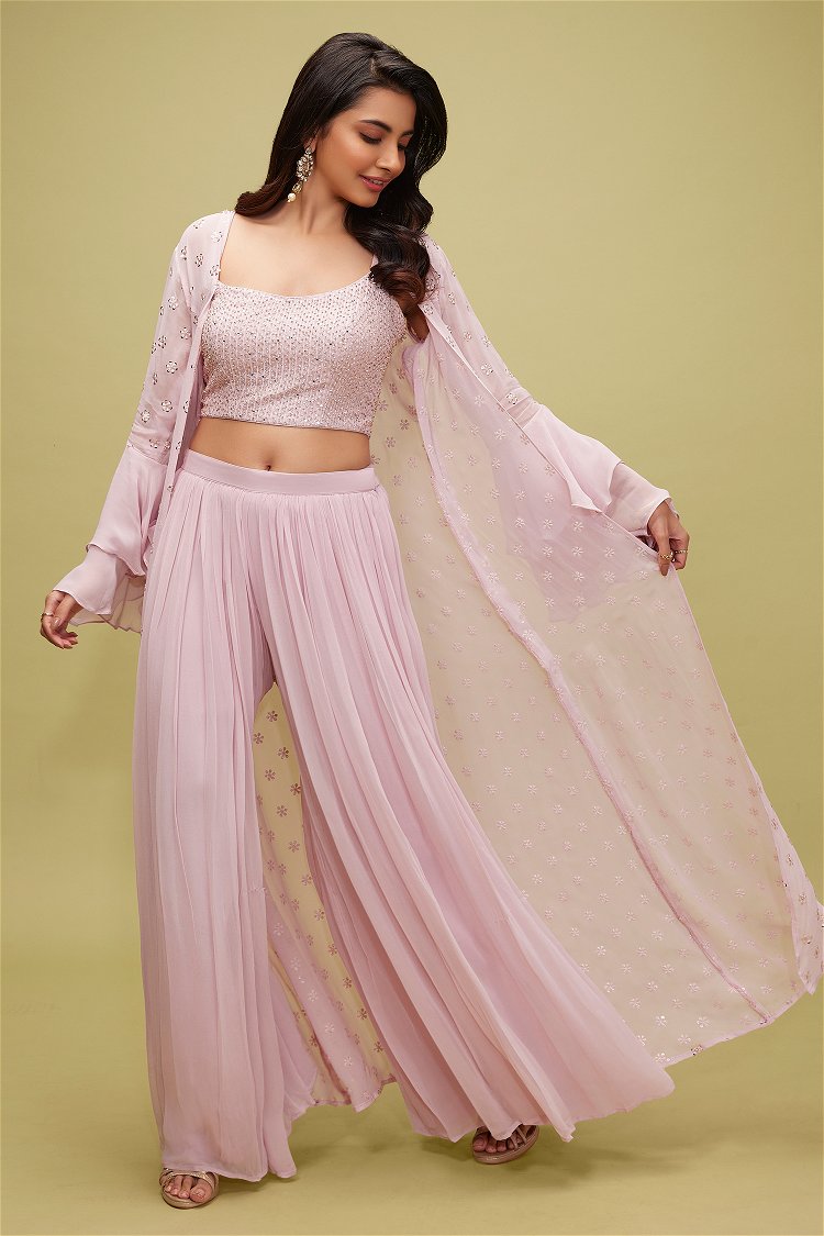 Light Pink Sequins Crop Top Palazzo with Long Jacket