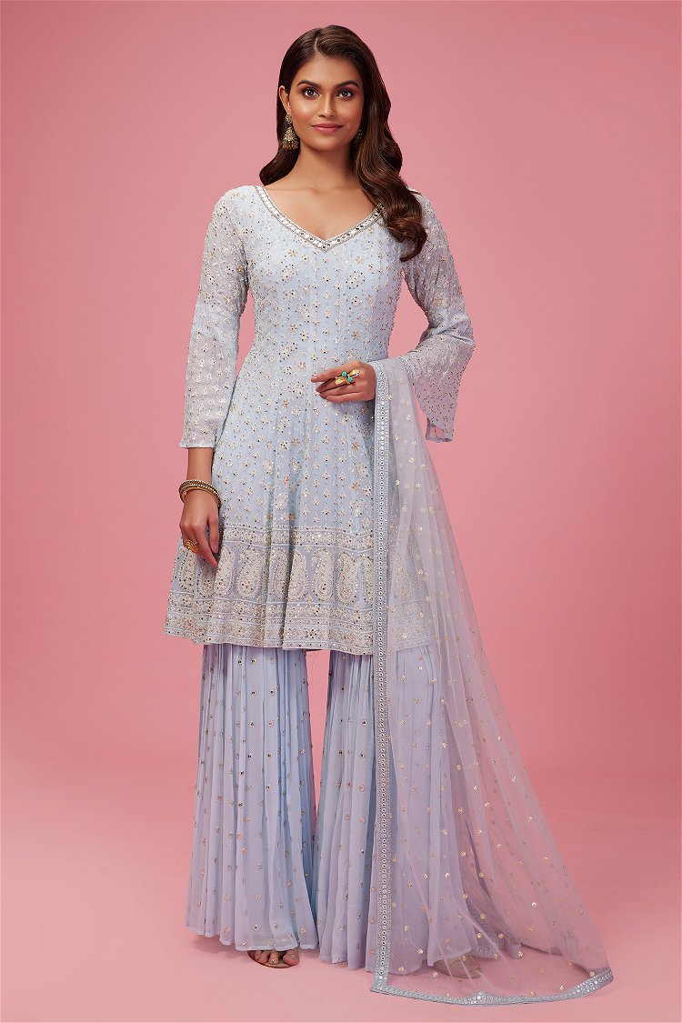 Light Blue Georgette Sharara Suit with Sequins