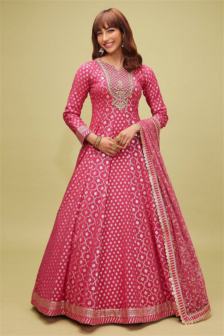 Pink Silk Woven Anarkali Suit
