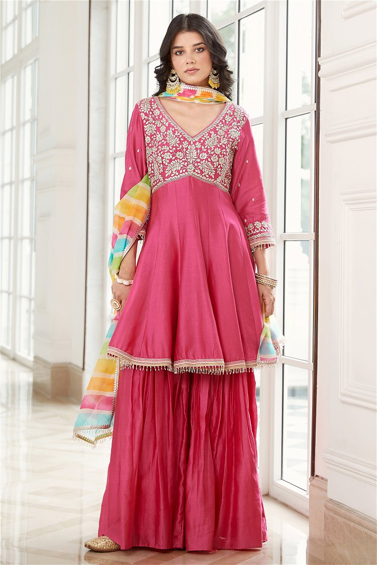 Pink V Neckline Sharara Suit in Chanderi with Gota Patti Work
