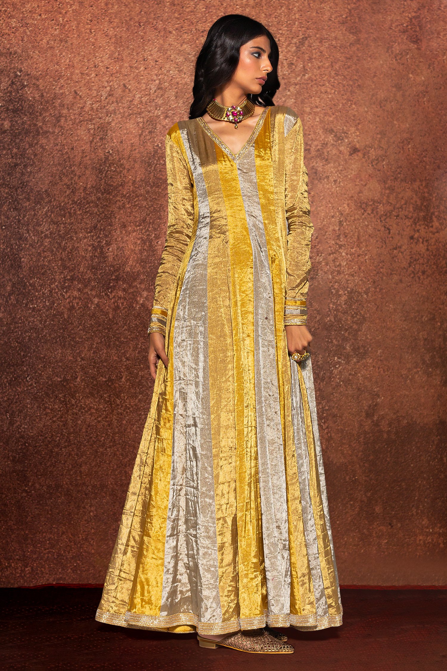 Multi Colored Anarkali Suit in Tissue with Embellishment Beads Work Dupatta