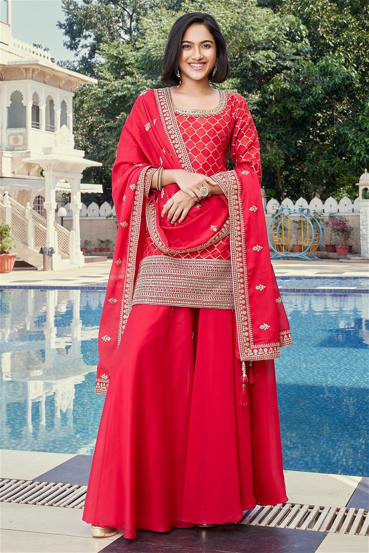 Red Moroccan Weave Straight Cut Palazzo Suit in Jacquard