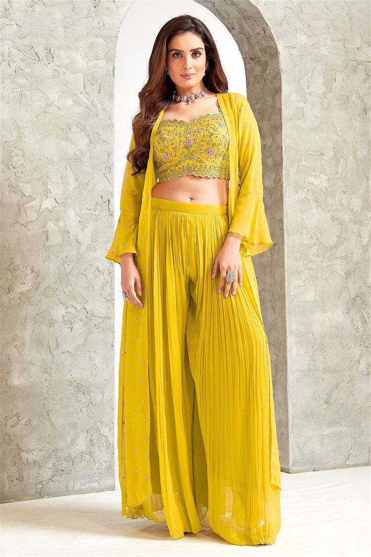 Mustard Yellow Chinon Embroidered Crop Top with Palazzo and Long Shurg